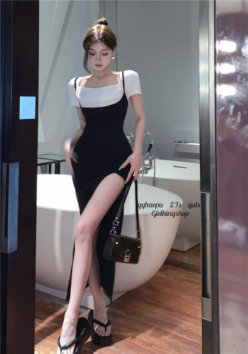 Real price ~ ins sexy high cross knee design feeling slim suspender hip dress two-piece set