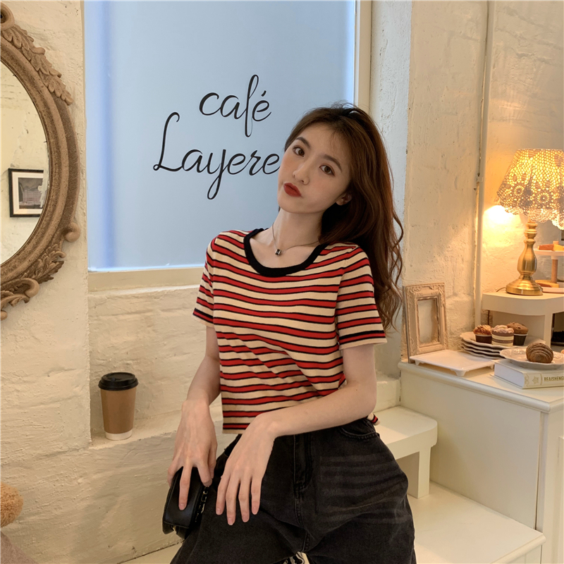 Real price new high waist loose slim striped sweater short sleeve T-shirt jacket