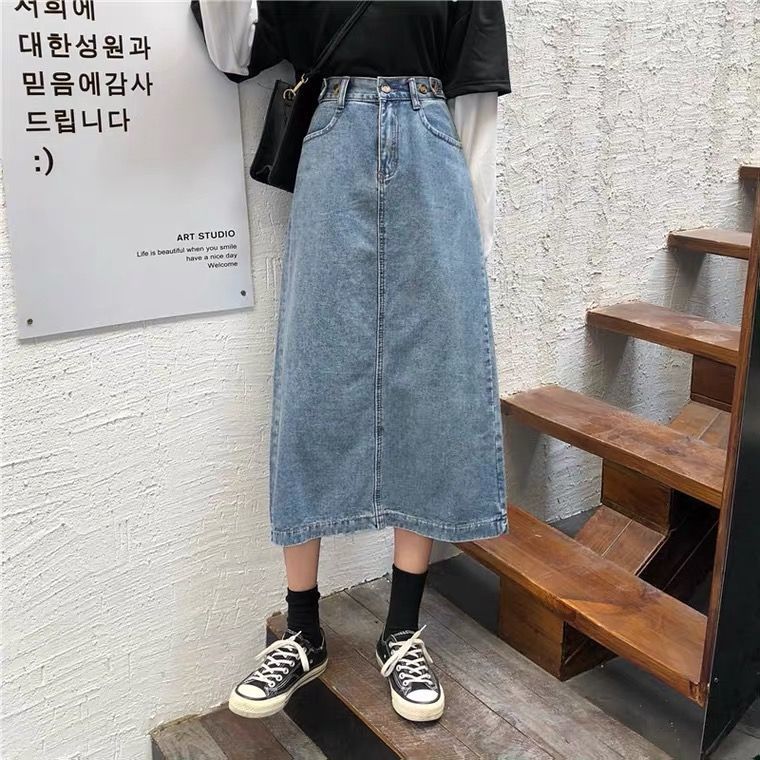 2022 spring students new Korean version of retro blue high waist slim a character half denim skirt children's long