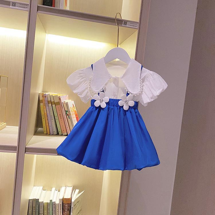 Girls dress dress summer 2022 new little girl Klein blue skirt short sleeve pleated skirt two-piece set