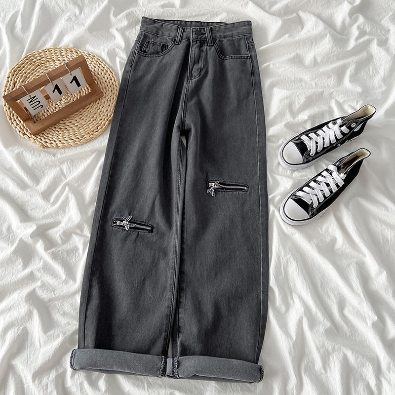 Spring and Autumn 2022 New Black Jeans Women's Holes Small High Waist Skinny Straight Zipper Spice Pants