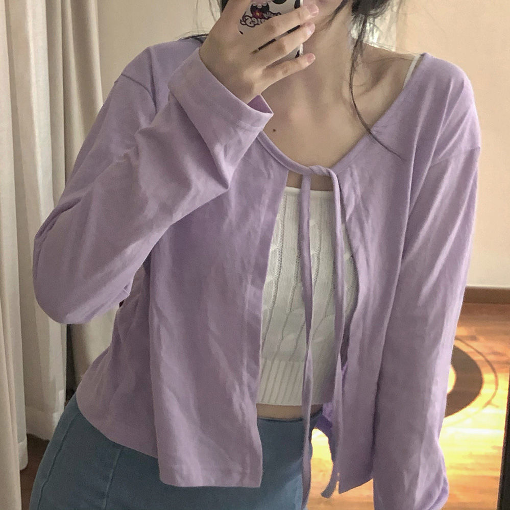 Lace-up cardigan long sleeve outside with light breathable sunscreen air conditioning shirt v-neck short coat coat coat women summer