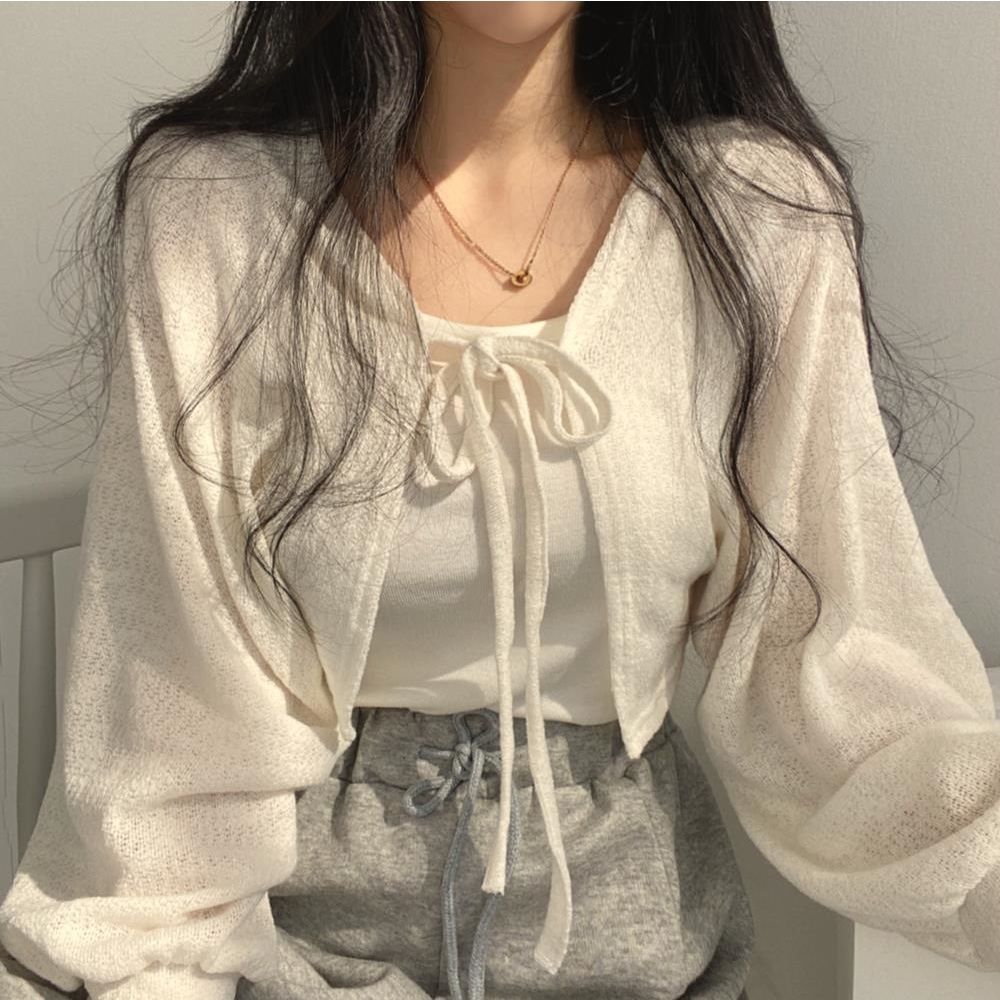 Summer niche retro Joker design sense strap lantern sleeve short thin cardigan coat women