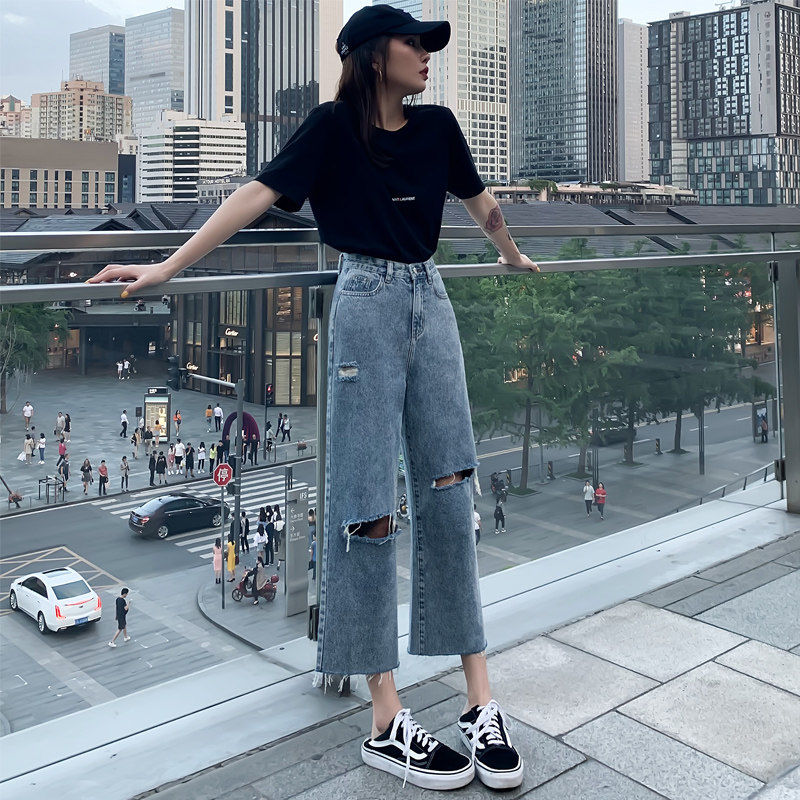 Spring and summer new Korean version of hole jeans women loose nine point Joker straight pants high waist slim wide leg torre pants