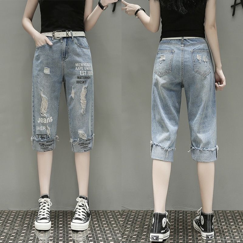 Loose pants women's 2022 summer size women's fat sister fashion slim hole print denim cropped pants women