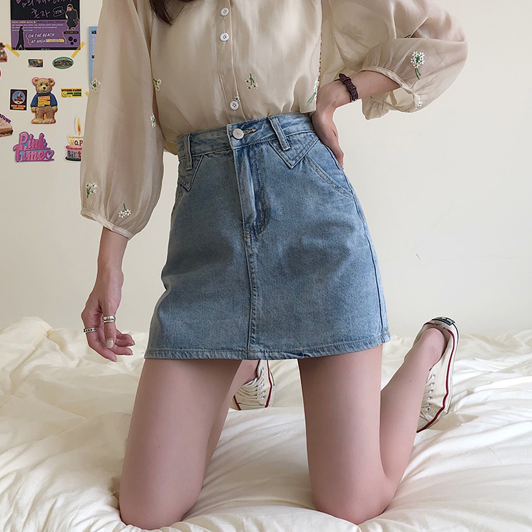 Real price Joker Korean ins wind high waist denim skirt women slim casual hip A- line skirt