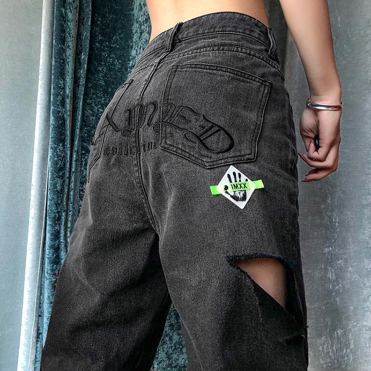 Vibe style design sense fried street pants women summer thin pants gradient hole letter embroidery straight mop pants