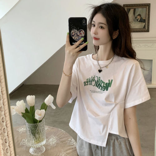 Irregular short sleeve T-shirt female spring and summer Korean version of 2022 new letter printing sweet spicy white T-shirt jacket ins