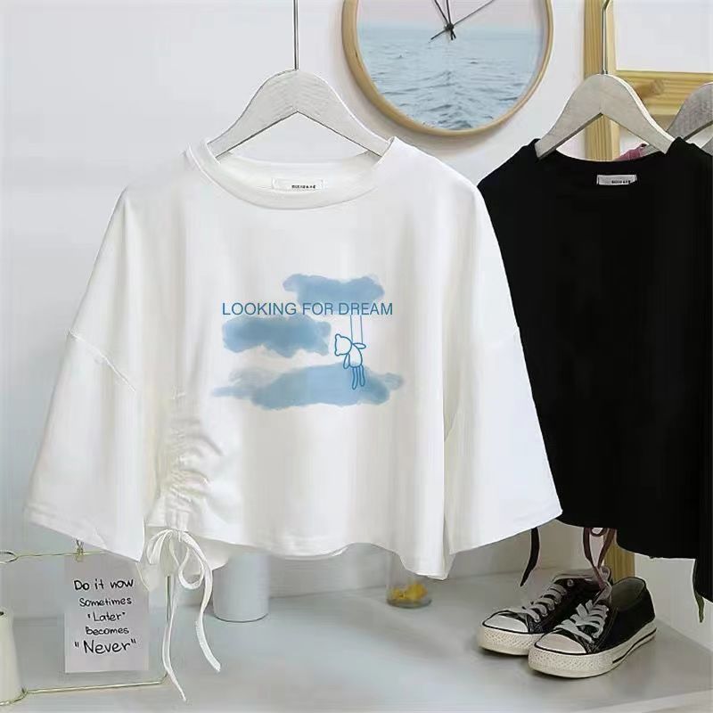 2022 summer new drawstring jacket female Korean version of ins net red loose slim Joker careful short sleeve T-shirt female