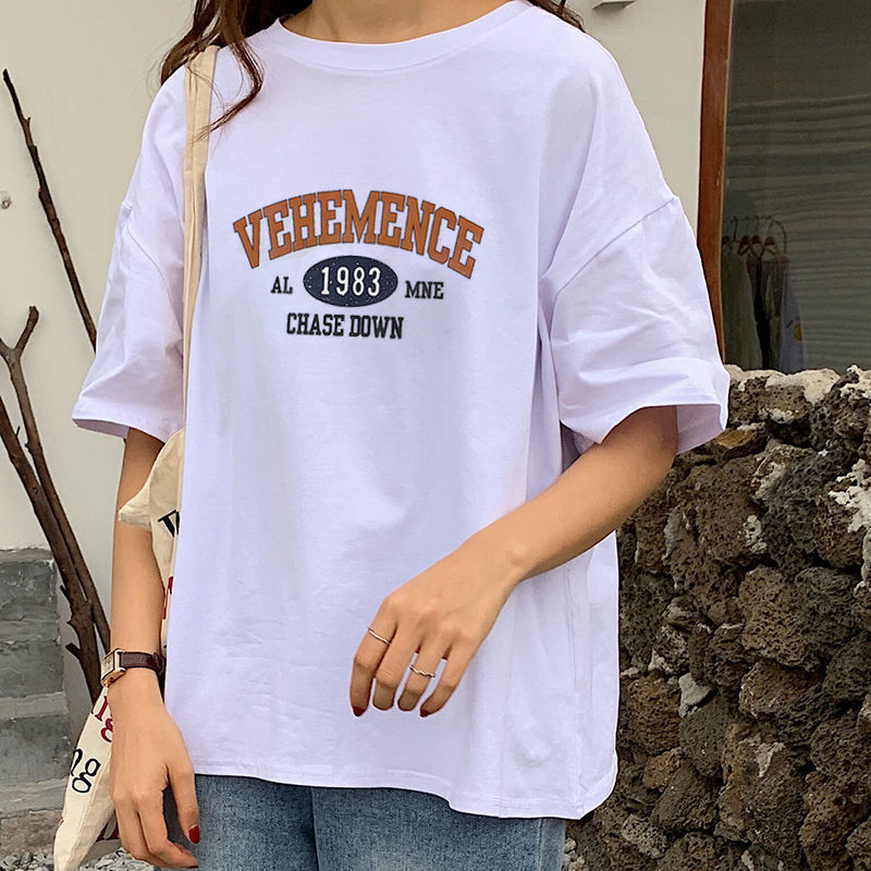 Summer ins Korean version of letters white short sleeve T-shirt female students Joker loose half sleeve bottoming shirt Harajuku style jacket