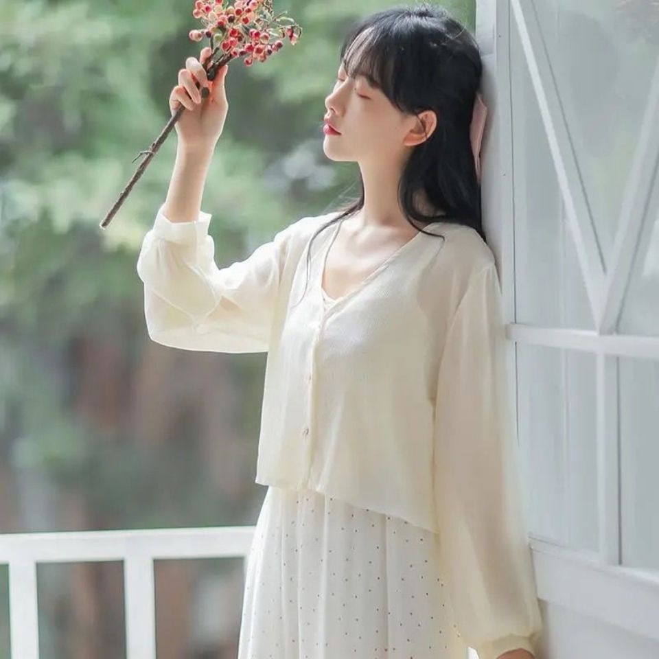 With condole belt skirt sunscreen cardigan women summer 2021 new long sleeve small coat outside shawl blouse thin