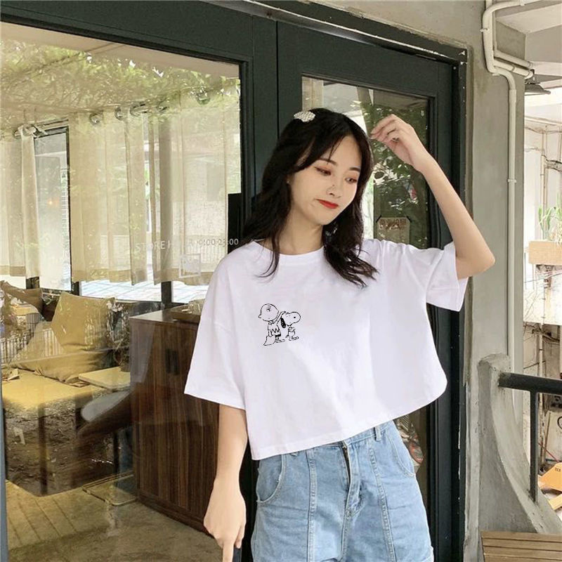 Short T-shirt female 2020 new summer short sleeve female student Korean version of loose half sleeve high waist navel jacket ins tide
