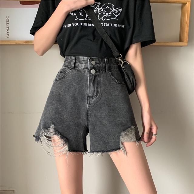 High waist denim shorts women's summer thin 2021 new hong kong flavor net red tide ins straight thin loose a-shaped wide legs