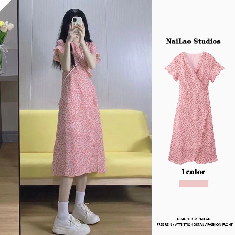 French pink first love design feeling niche chiffon floral dress 2022 new dress summer dress