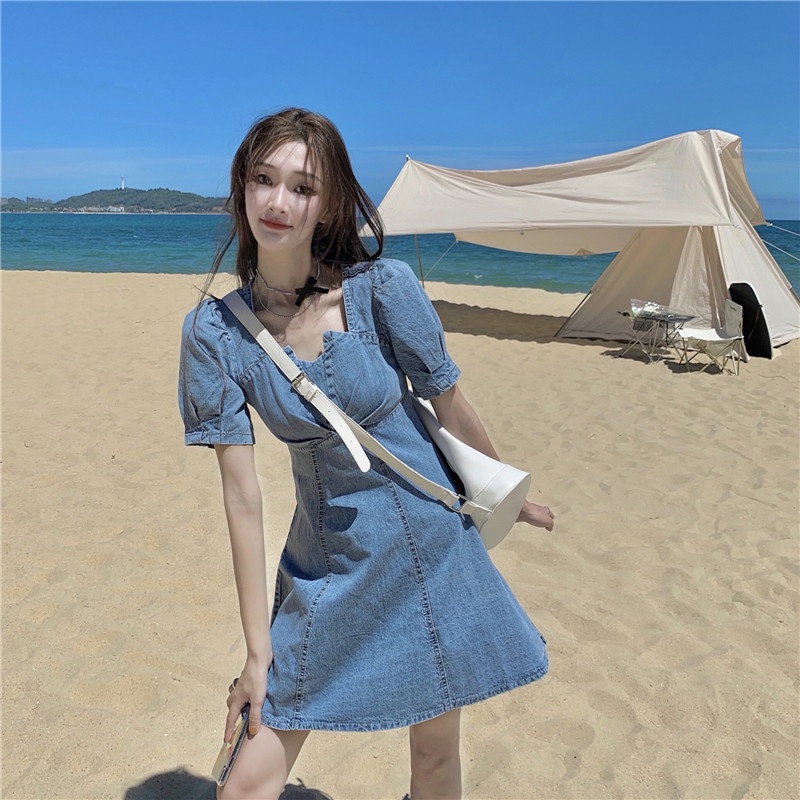 Denim skirt waist dress 2022 new summer women's dress can be salt sweet square collar design feeling small skirt