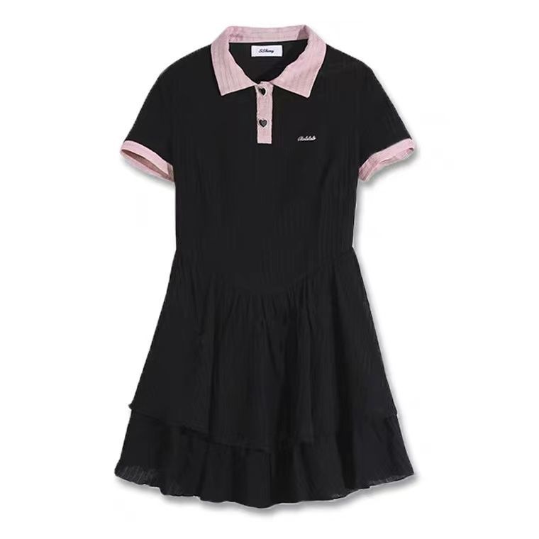 Spice Girls Contrast Polo Dress Women's Summer Minor Design Sense Waist Slim Shirtdress Bow Short Skirt