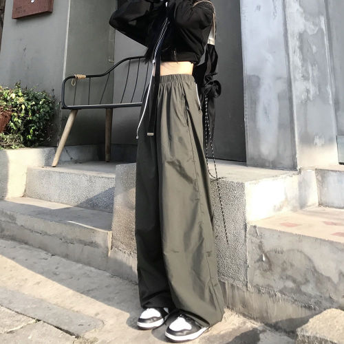 Cool pull girl army green lazy wind loose wide leg leggings overalls vibe wind elastic waist