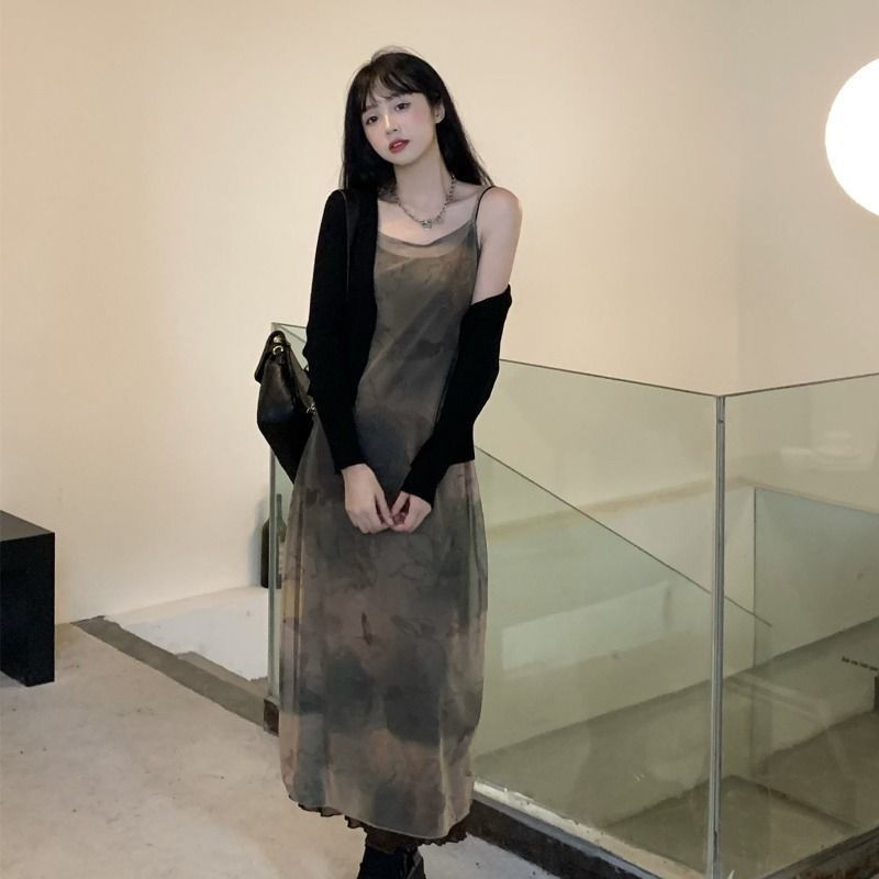 Tie-dyed mesh condole strap dress women's early spring 2022 new design Hong Kong flavor retro chic long skirt