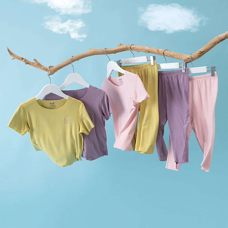 Children's Suit Summer Ice Silk Thin Boys Home Suit Short Sleeve Air-conditioned Suit Girls Pajamas Tide