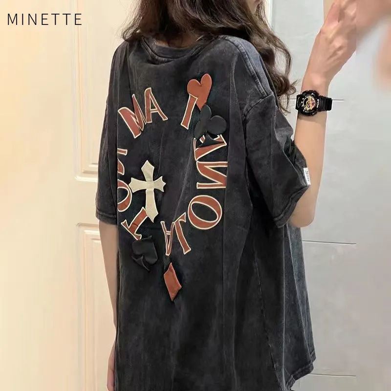100% non-pilling American retro t-shirt poker wash old short sleeve female t-shirt unique design loose clothes