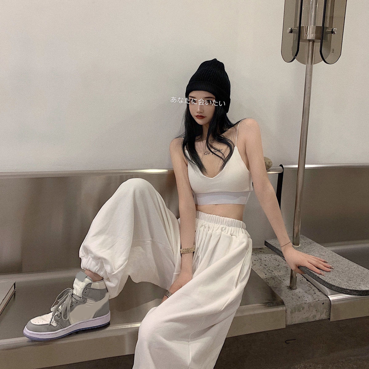 Pants female students loose sports leggings Harajufeng slim pants spring and autumn white high waist casual wide leg pants