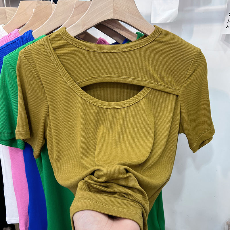 Large size women's short sleeve T-shirt women's 2022 summer new design feeling thread half sleeve bottoming small shirt top