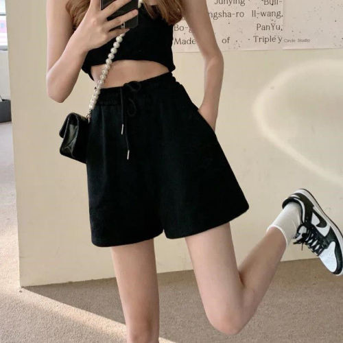 Including cotton casual sports shorts children students Korean version of loose 2022 new high waist slim five wide leg pants summer