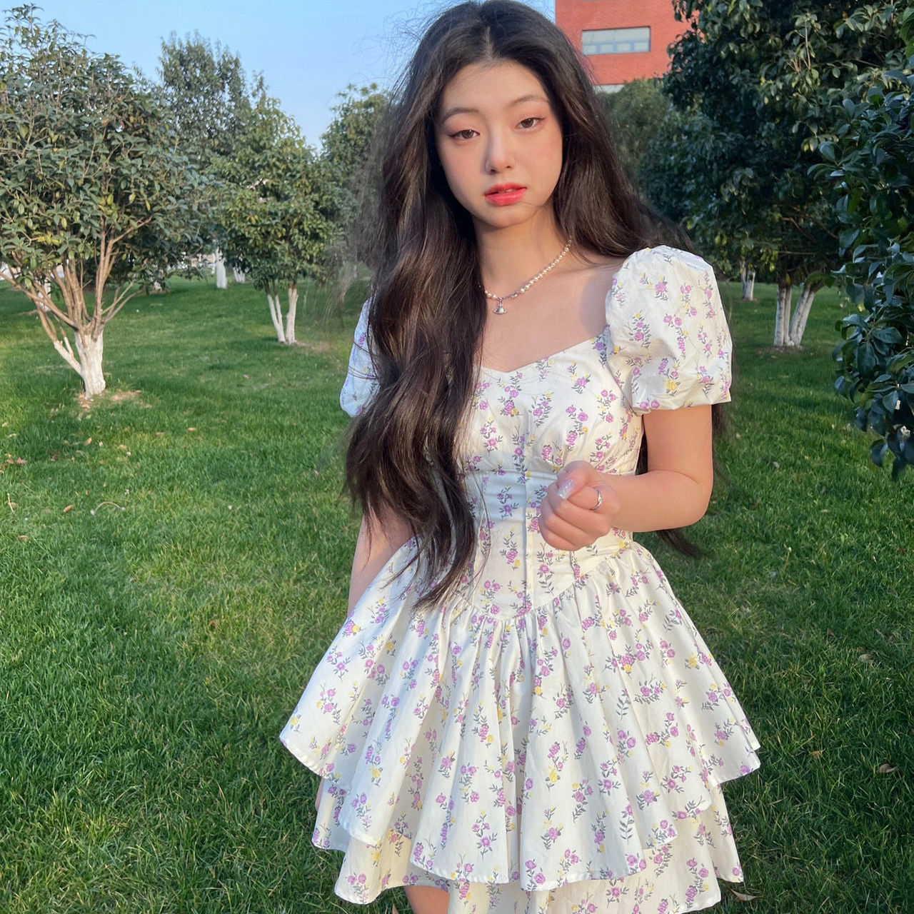 Zhizhi grape pure wind sweet wind skirt waist dress summer 2022 new gentle floral skirt women