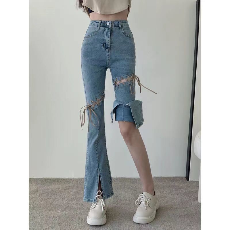 Micro-split jeans women's 2022 spring new design style strap retro high waist slim straight long pants