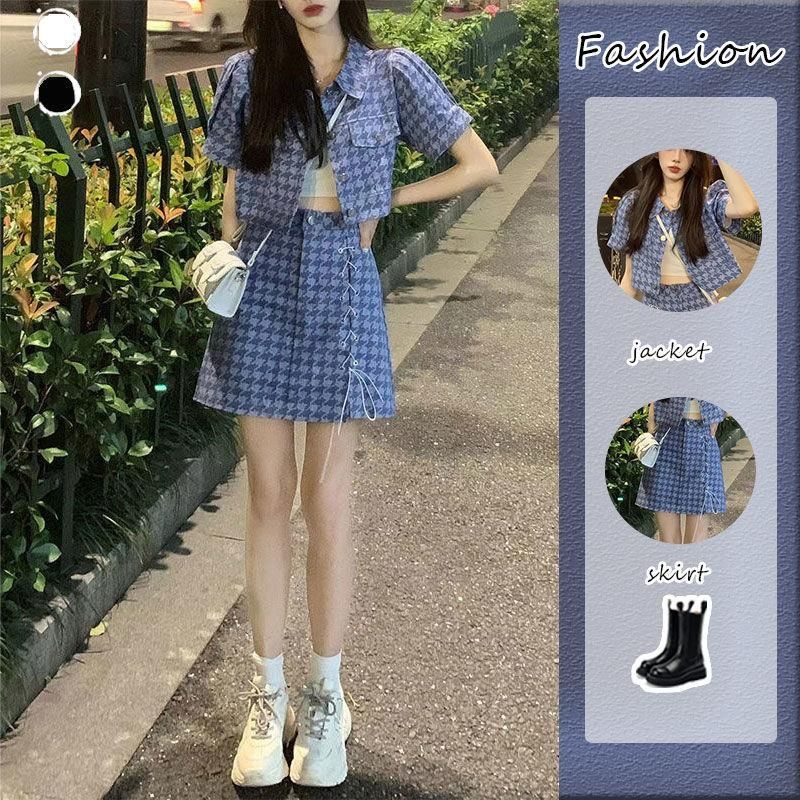 Two-piece suit/single summer short Joker bubble sleeve lapel shirt high waist drawstring A- bag hip skirt