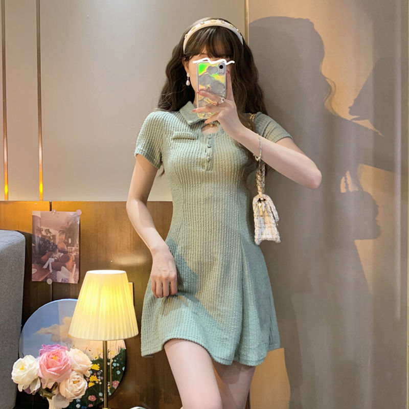 Summer polo collar waist small A- line skirt 2022 new French niche design dress women's clothing