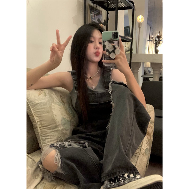 Retro Pierced Cowboy Strap Pants Female Small High Waist Wide Leg Skinny Pants Summer Design Sense Minor Pants