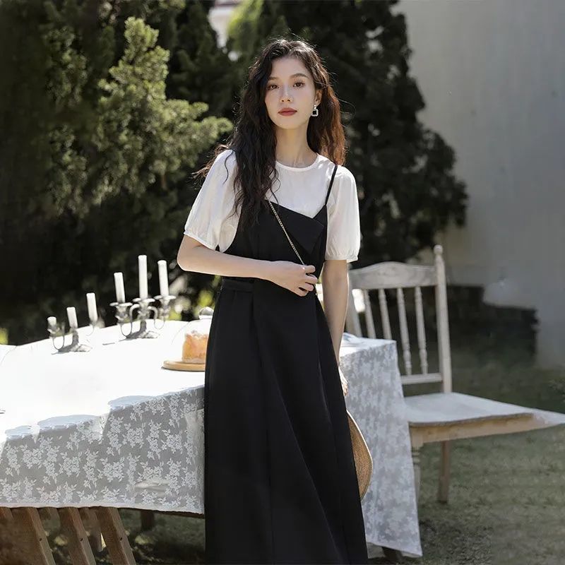 Condole belt dress two-piece suit women's summer 2022 new French design feeling niche high black long skirt