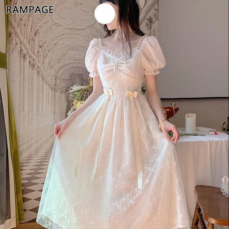 Summer soft fog moonlight pearl bow bubble sleeve lace French forest fairy dress