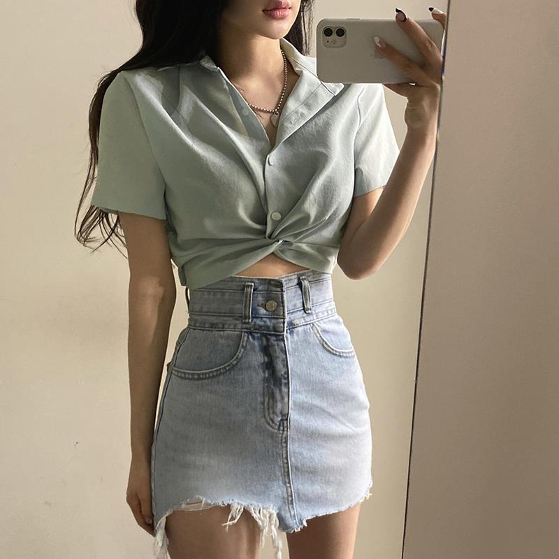 American Vintage Kink polo Collar Shirt Joker Button Short High Waist Slim Tee Top ins