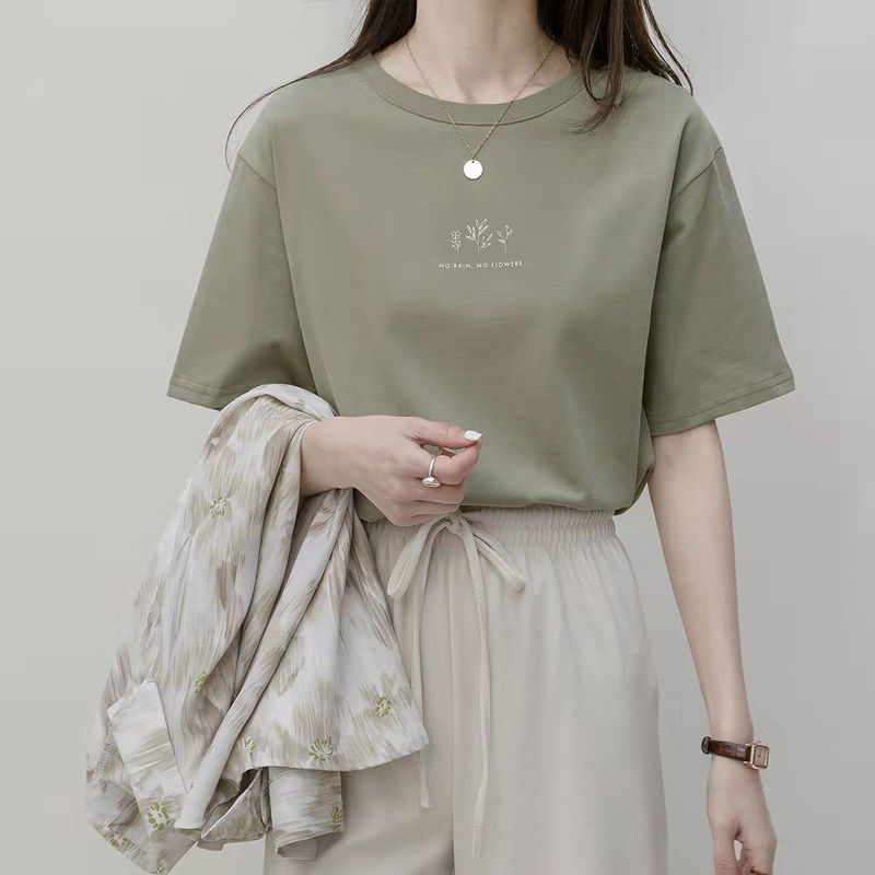 Korean round neck short sleeve T-shirt female summer loose plant print with cotton white ins super fire student half sleeve jacket