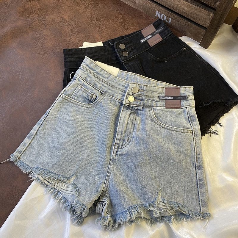 High waist denim shorts 2022 summer new double buckle loose thin hole fur Hyuna hot pants women