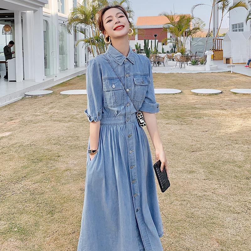 Cowboy dress women summer thin 2022 new bubble sleeve gentle wind shirt skirt French retro ankle dress