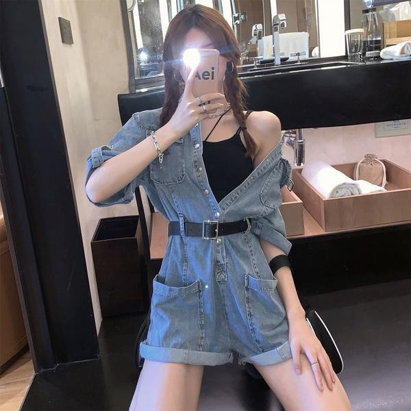2022 summer new cool girl wear a dark function wind-blown street frock denim conjoined pants two-piece suit