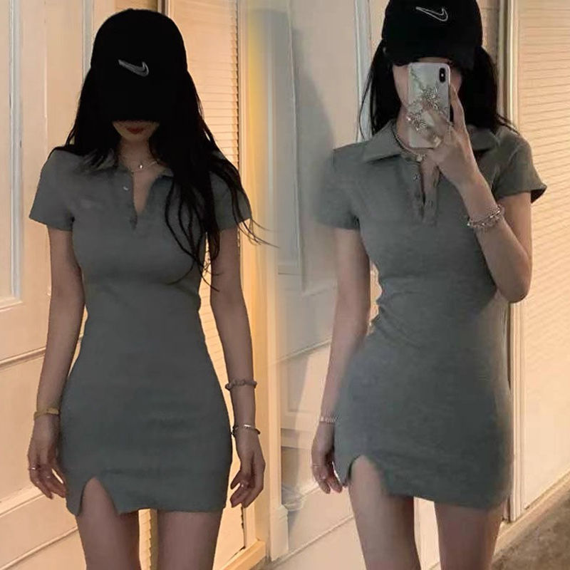 Pure POLO collar dress women's spring new sexy Korean slim slim short sleeve hot girl hip skirt