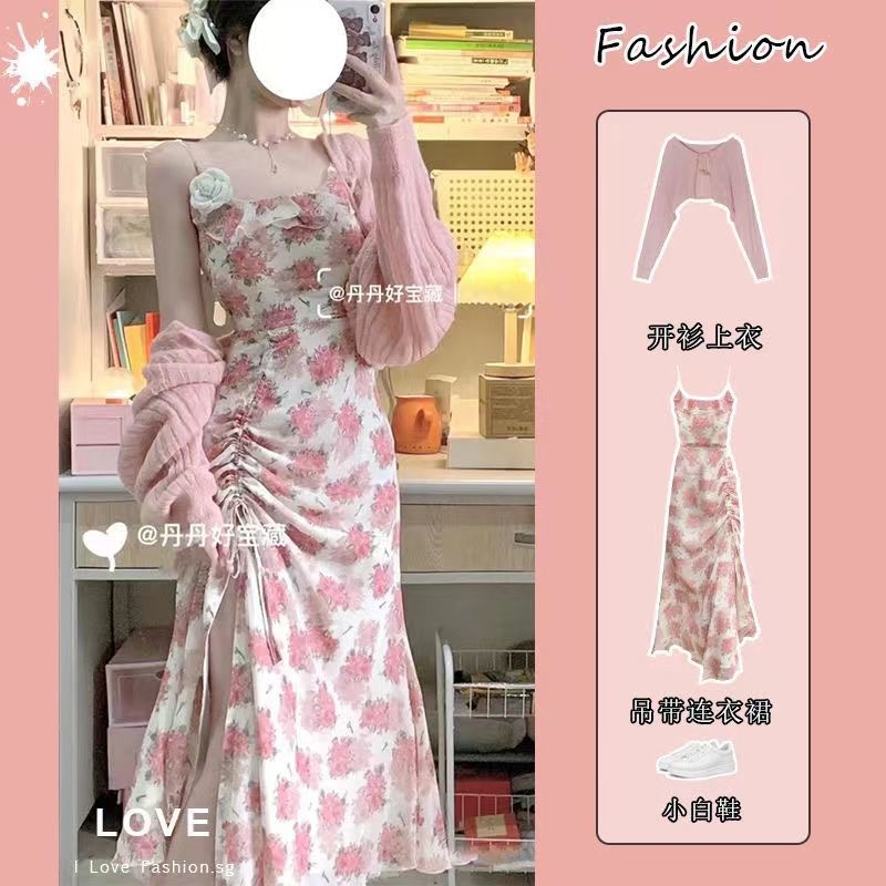 Suit female 2022 summer new gentle wind floral suspender skirt waist slim skirt knitted cardigan two-piece set