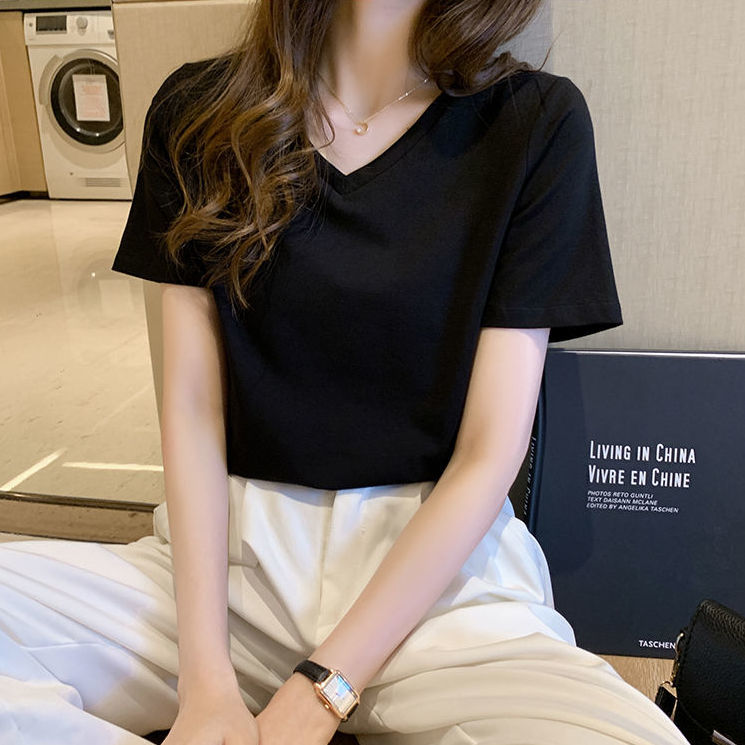 Pure cotton white short sleeve T-shirt women v collar loose Korean version of 2022 summer new student half sleeve ins tide clothes