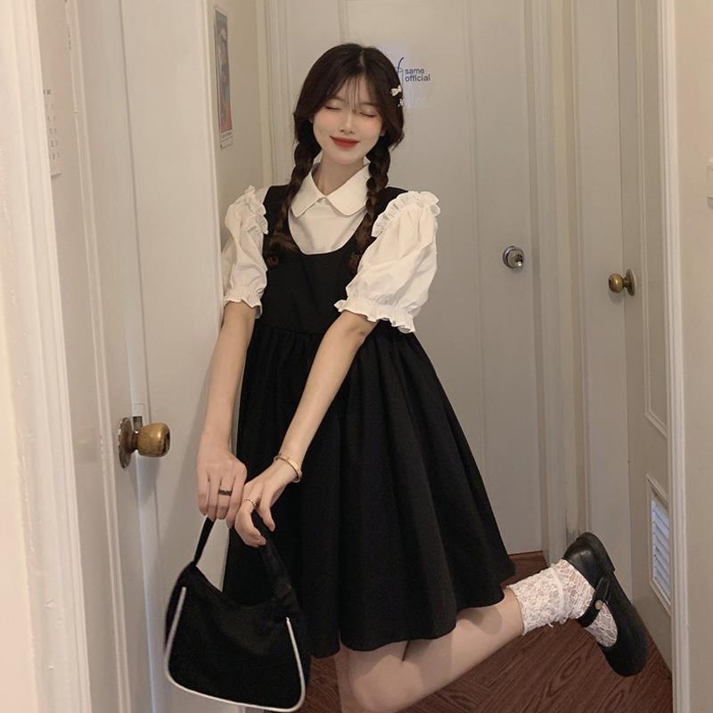 Summer 2022 new Korean version of French retro bubble sleeve short sleeve top slim vest A- line skirt two-piece female