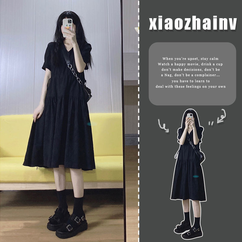 2022 New Minor Design Sense V-Collar Korean Gentle Style Advanced Black Dress Children's Summer