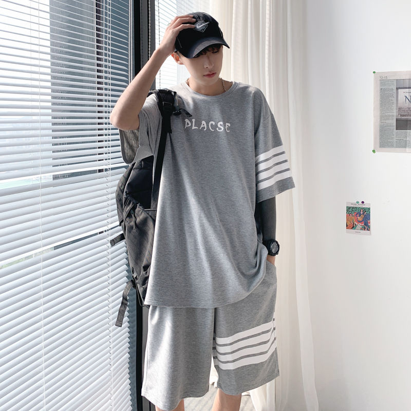 Summer Sports Leisure Suit Men's Tide Brand Students Handsome Two-Piece Hong Kong Style Loose Joker Stripe Short Sleeve Shorts