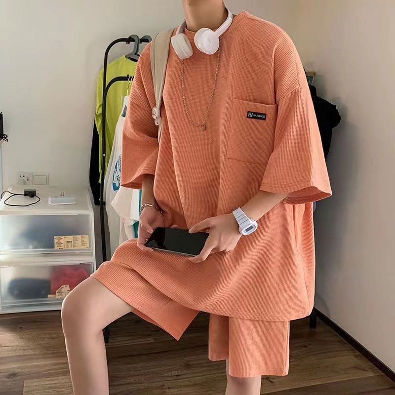 "Short-sleeved shorts two-piece" waffle short-sleeved T-shirt loose casual pants set Korean trend