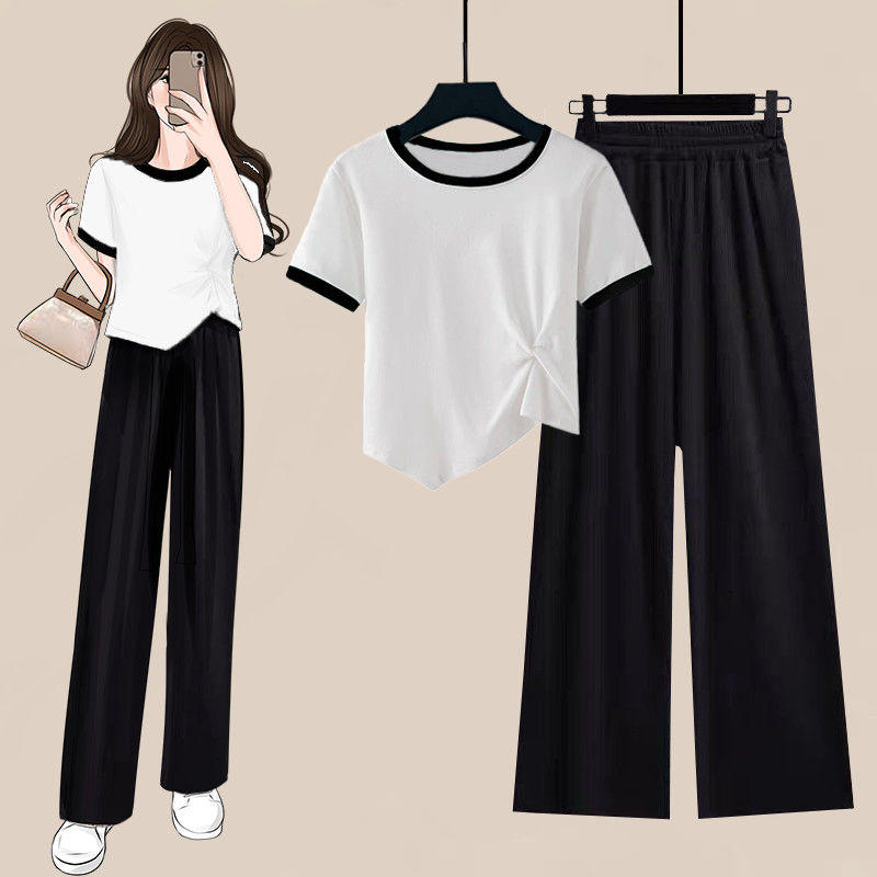 Single piece/set new Korean version of irregular contrast short T-shirt women's jacket vertical wide leg pants two-piece set