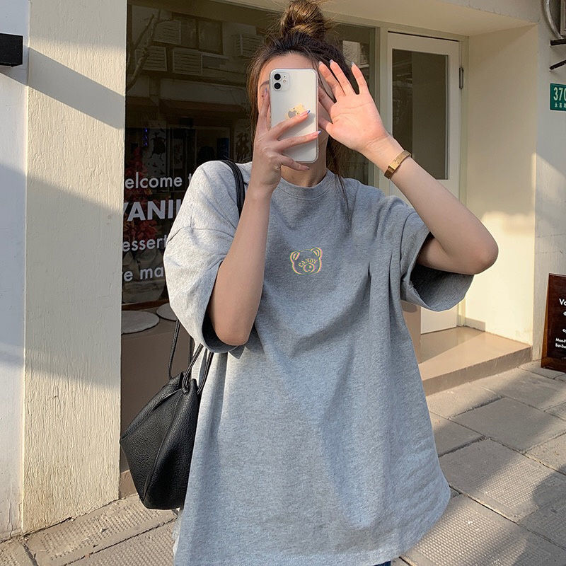 100 cotton short sleeve female Korean version loose 2022 summer new simple bear T-shirt female gray coat ins tide
