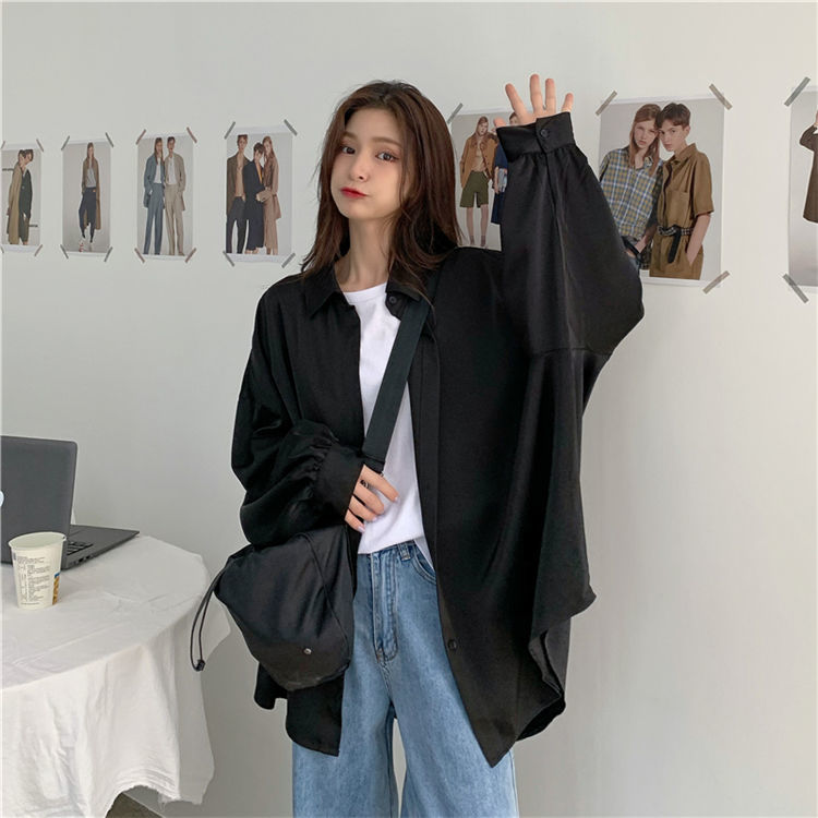 Korean version of loose drape ice silk lantern sleeve white shirt sunscreen top long lazy wind Joker thin coat women