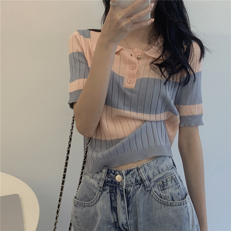 2021 new summer net red Polo collar knitted short coat slim striped ice silk short sleeve T-shirt women ins tide